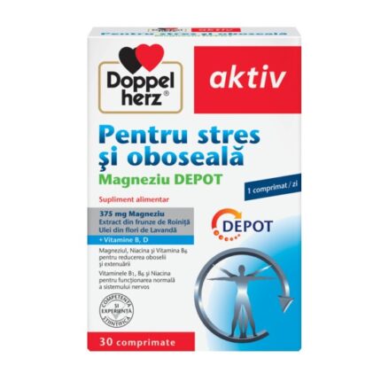 Supliment Alimentar Doppelherz, pentru Stres si Oboseala, Magneziu Depot, Vitamina B1, B6, 30 Comprimate